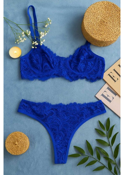 Zarif Mavi Dantelli Transparan Sütyen ve Tanga Takımı