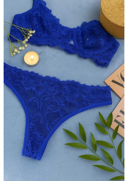 Zarif Mavi Dantelli Transparan Sütyen ve Tanga Takımı fırsatları