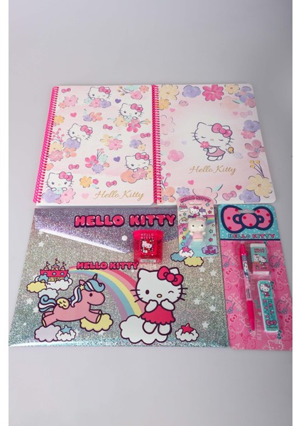 "dekomus Islak Mendil Hediyeli" Lisanslı Hello Kıtty 8 Parça Kırtasiye Seti 2 Adet Çizgli A4 Defter,versatil Uçlu Kalem,silgi,dosya