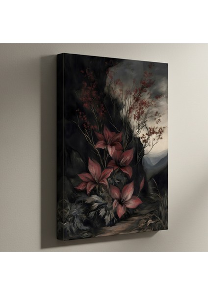 Karanlık Romantizm Tarzı Koyu Kırmızı Çiçekler Soyut Sanat Tablosu