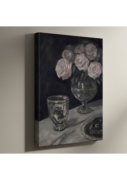 Karanlık Tonlarda Gül Buketi Soyut Yağlı Boya Tablosu