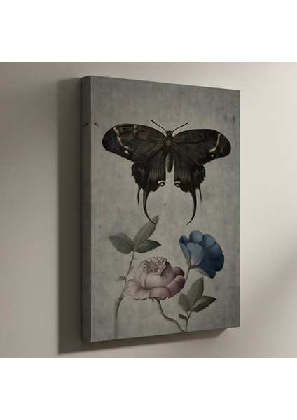 Karanlık Romantik Kelebek ve Çiçekler Soyut Sanat Tablosu