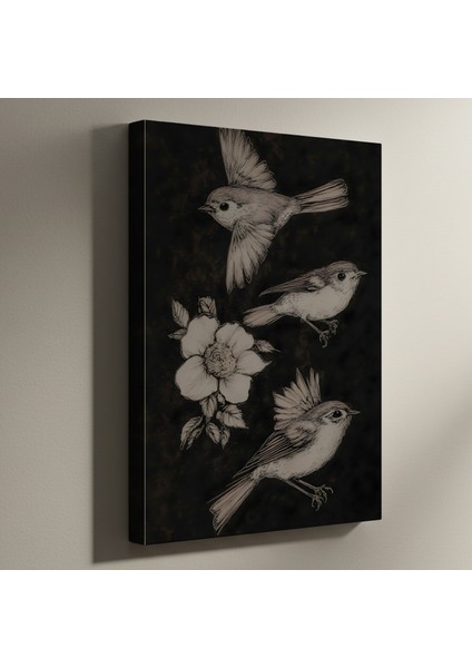 Karanlık Romantizm Kuşlar ve Gül Illüstrasyon Tablosu