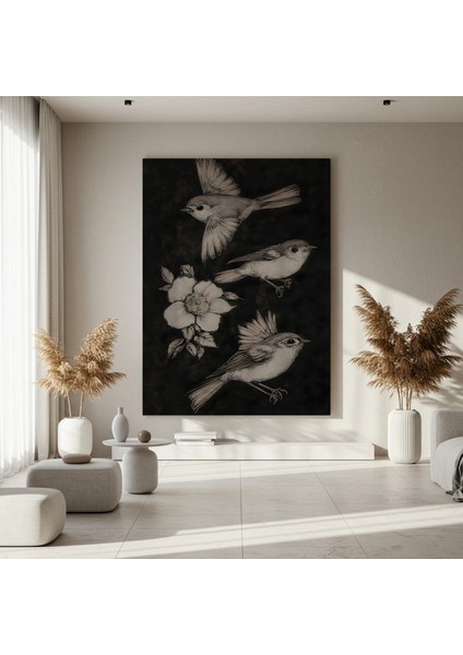 Karanlık Romantizm Kuşlar ve Gül Illüstrasyon Tablosu fırsatları