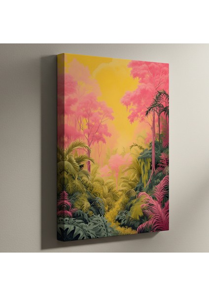 Pembe ve Sarı Tonlarında Tropikal Orman Illüstrasyon Tablosu