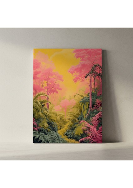 Pembe ve Sarı Tonlarında Tropikal Orman Illüstrasyon Tablosu fiyatları