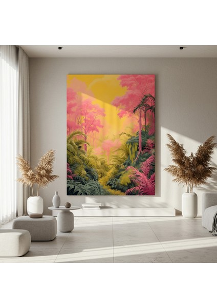 Pembe ve Sarı Tonlarında Tropikal Orman Illüstrasyon Tablosu fırsatları
