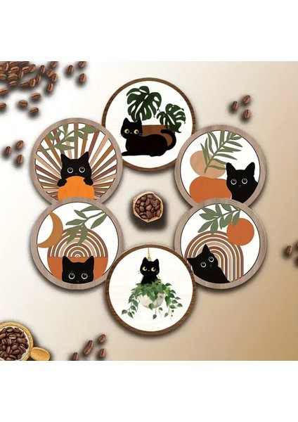 10×10 cm / 3,94×3,94 Inç Kara Kedi ve Bitki Sanatı Ahşap Bardak Altlığı Seti (6'lı)