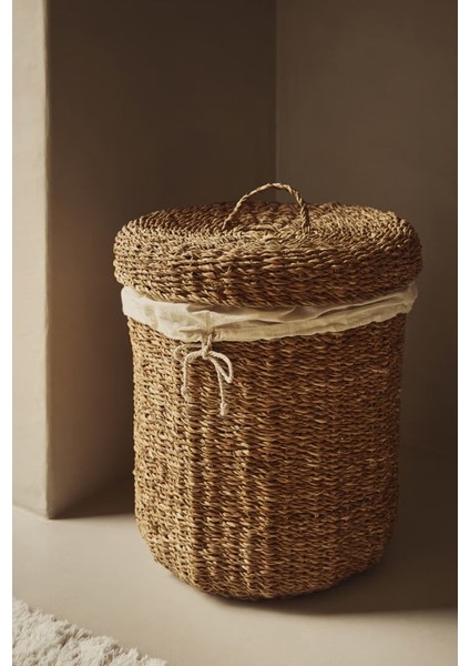 Dekoratif Natural Renk Yuvarlak Seagrass Iç Astarlı Kapaklı Yuvarlak Hasır Sepet 3'lü Set