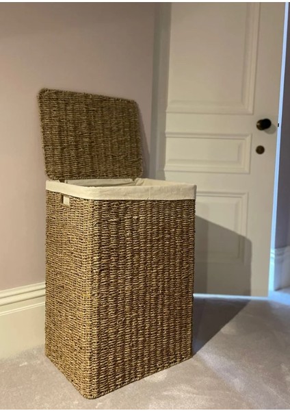 Seagrass Astarlı Hasır Kapaklı Çamaşır Sepeti/el Dokuma Saklama Sepeti 40X30X60CM
