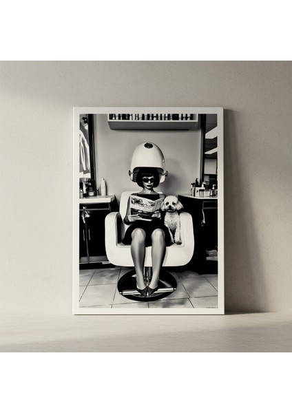 Şık Kuaförde Bayan ve Köpeği Siyah Beyaz Tablo fiyatları