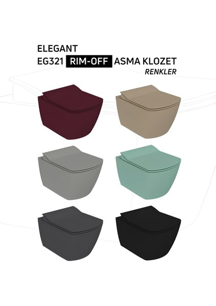 Elegant Kömür Karası Kanalsız Asma Klozet EG321, Creavit Elegant Duroplast Yavaş Kapak