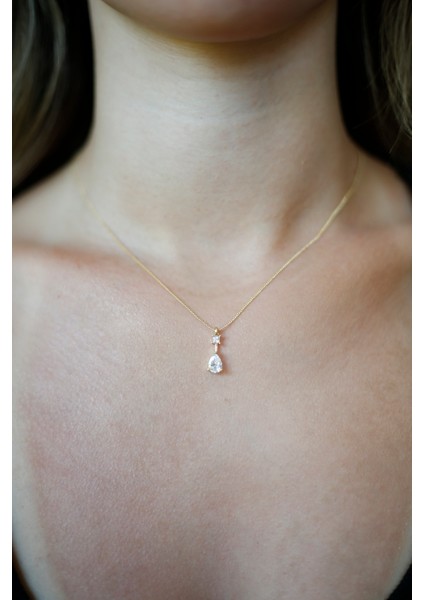 14 K Altın Kaplama Kuyumcu Işçiliği Damla Taşlı Kolye