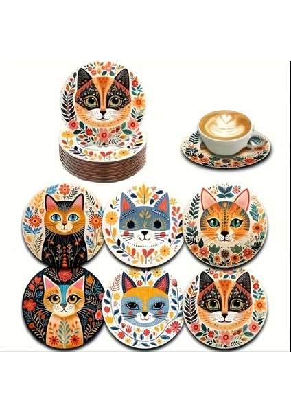 10*10 Cm/3,94*3,94 Inç 6'lı Canlı Kedi Serisi Ahşap Bardak Altlığı Seti