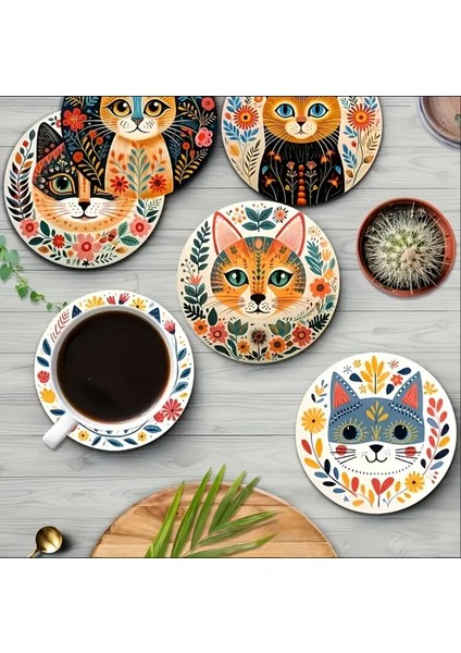 10*10 Cm/3,94*3,94 Inç 6'lı Canlı Kedi Serisi Ahşap Bardak Altlığı Seti modelleri