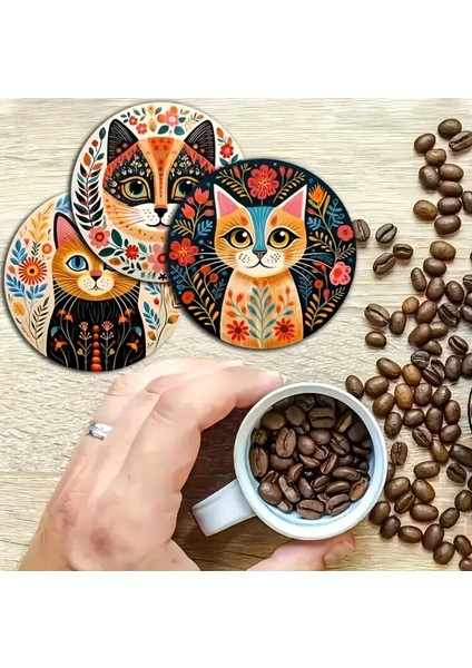 10*10 Cm/3,94*3,94 Inç 6'lı Canlı Kedi Serisi Ahşap Bardak Altlığı Seti fırsatları