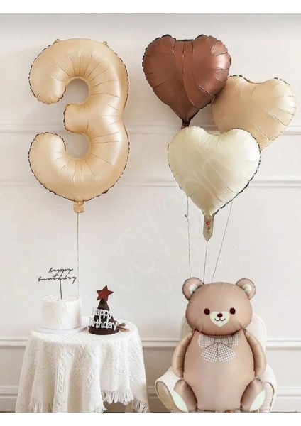 Retro Ayı Konseptli Yaş Folyo Balonlu Kalp Detaylı Mini Doğum Günü Parti Kutlama Seti Süsü