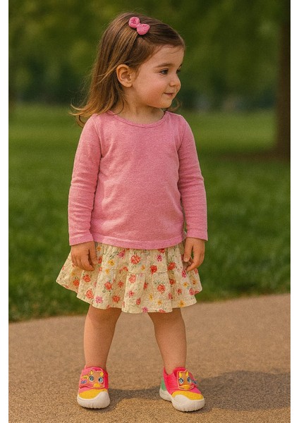 Kedi Baskılı Kız Bebek Panduf Renkli