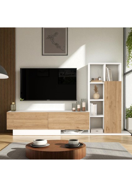 Tv Ünitesi Kapaklı Kitaplık Raflı Beyaz