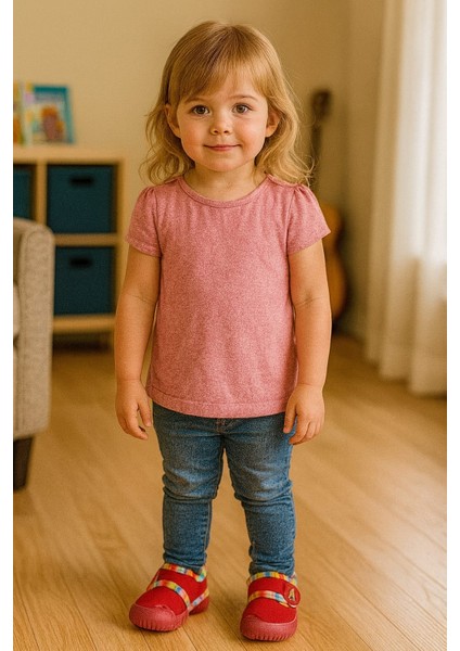 Unicorn Baskılı Kız Bebek Panduf Kırmızı