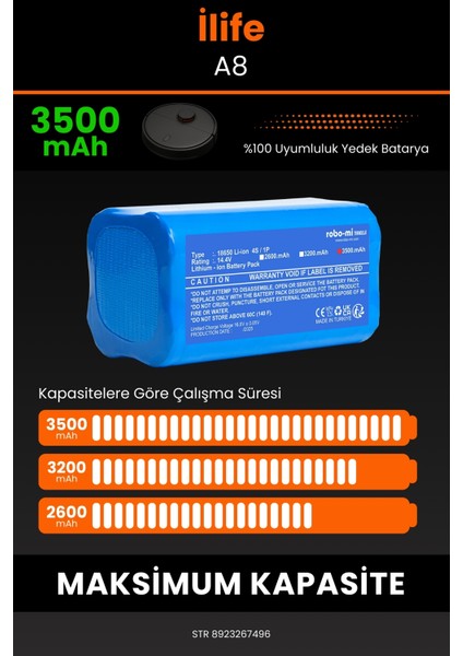 Robo- Mi Ilife A8 3500MAH Robot Süpürge Bataryası - Koruma Katmanlı Batarya Teknolojisi fırsatları