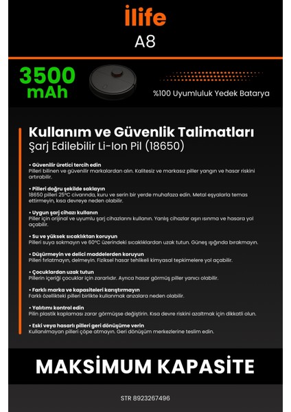 Robo- Mi Ilife A8 3500MAH Robot Süpürge Bataryası - Koruma Katmanlı Batarya Teknolojisi