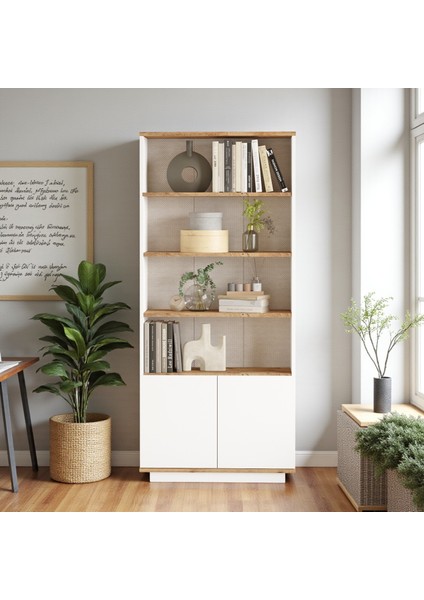 Kitaplık 4 Raflı 2 Kapaklı 168CM Çam-Beyaz