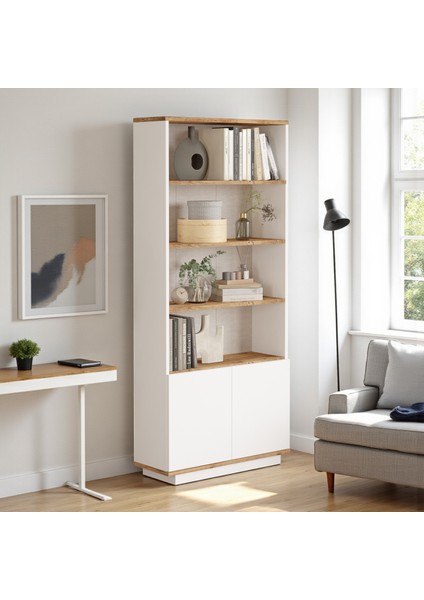 Kitaplık 4 Raflı 2 Kapaklı 168CM Çam-Beyaz modelleri