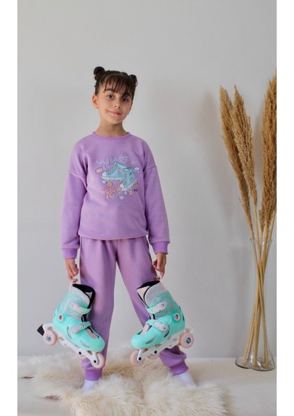 Matu Kids Lila Renk Paten Baskılı 3 Iplik Alt Üst 2'li Kız Çocuk Eşofman Takım 3-10 Yaş