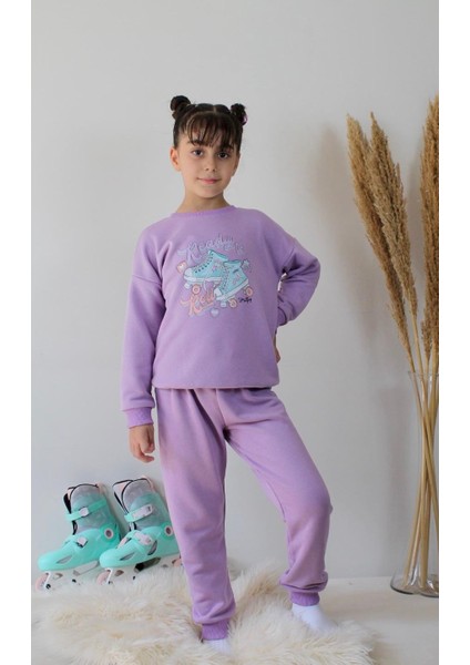 Matu Kids Lila Renk Paten Baskılı 3 Iplik Alt Üst 2'li Kız Çocuk Eşofman Takım 3-10 Yaş modelleri