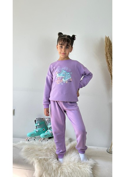 Matu Kids Lila Renk Paten Baskılı 3 Iplik Alt Üst 2'li Kız Çocuk Eşofman Takım 3-10 Yaş fırsatları
