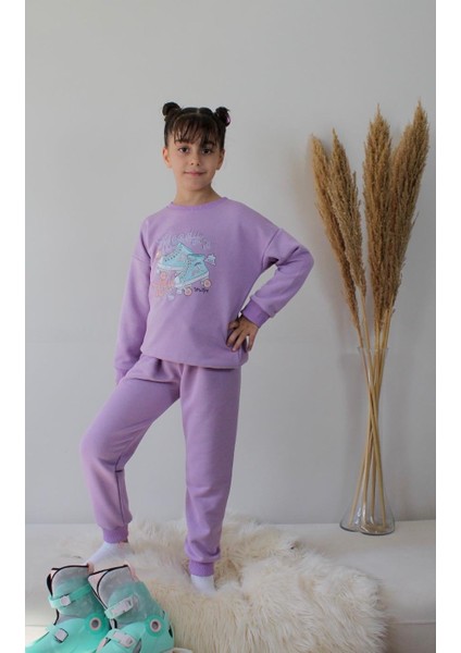 Matu Kids Lila Renk Paten Baskılı 3 Iplik Alt Üst 2'li Kız Çocuk Eşofman Takım 3-10 Yaş indirimleri