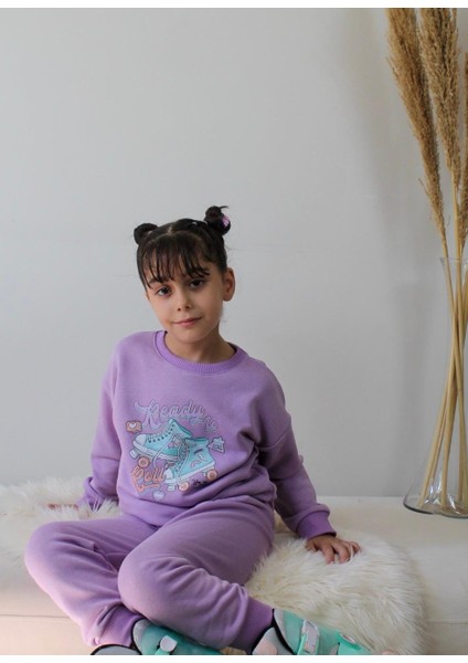 Matu Kids Lila Renk Paten Baskılı 3 Iplik Alt Üst 2'li Kız Çocuk Eşofman Takım 3-10 Yaş