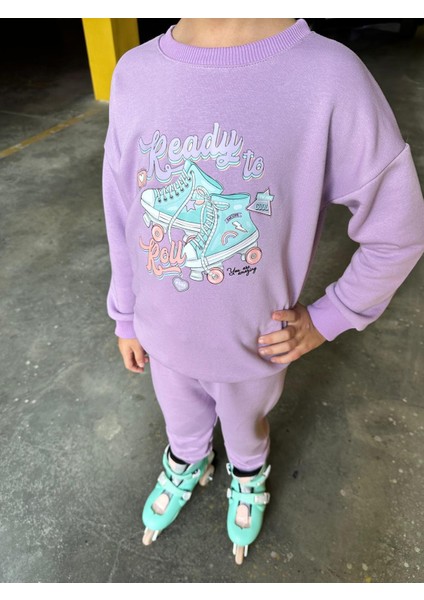 Matu Kids Lila Renk Paten Baskılı 3 Iplik Alt Üst 2'li Kız Çocuk Eşofman Takım 3-10 Yaş