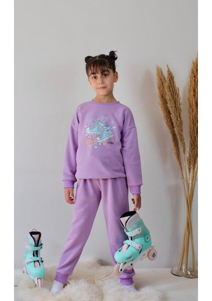 Matu Kids Lila Renk Paten Baskılı 3 Iplik Alt Üst 2'li Kız Çocuk Eşofman Takım 3-10 Yaş fiyatları
