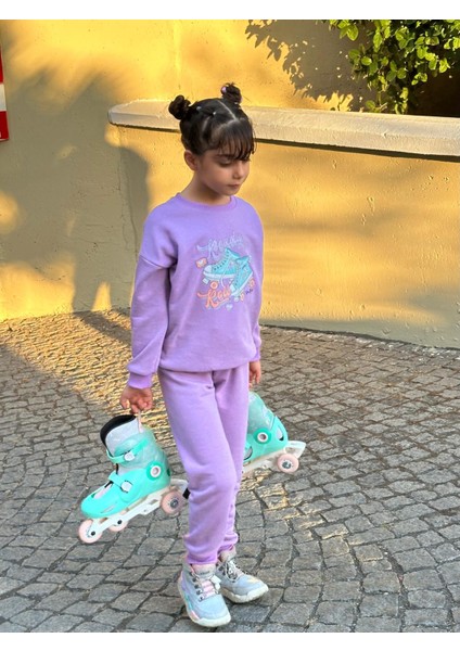 Matu Kids Lila Renk Paten Baskılı 3 Iplik Alt Üst 2'li Kız Çocuk Eşofman Takım 3-10 Yaş