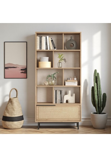 Kitaplık Raf Metal Ayaklı 176CM Uv Baskı Kapaklı Sepet-Jüt Baskı Desen