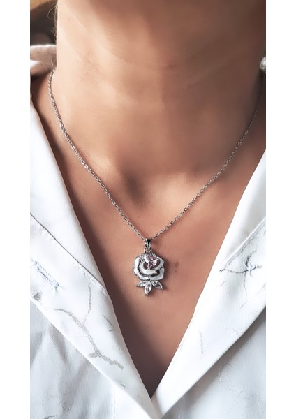 Pembe Taşlı Gül Figürlü Çelik Kolye fiyatları