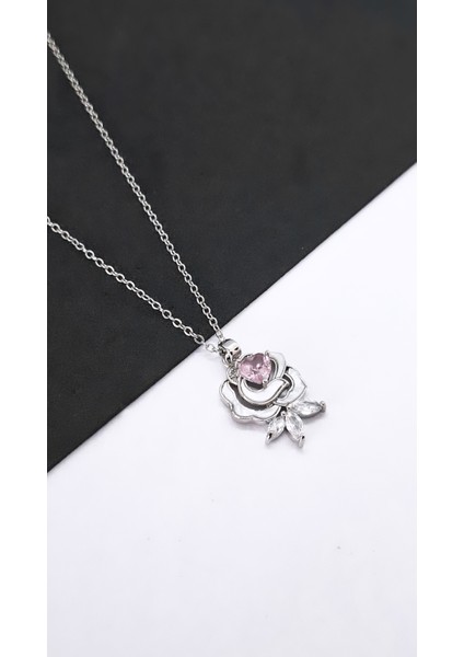 Pembe Taşlı Gül Figürlü Çelik Kolye modelleri