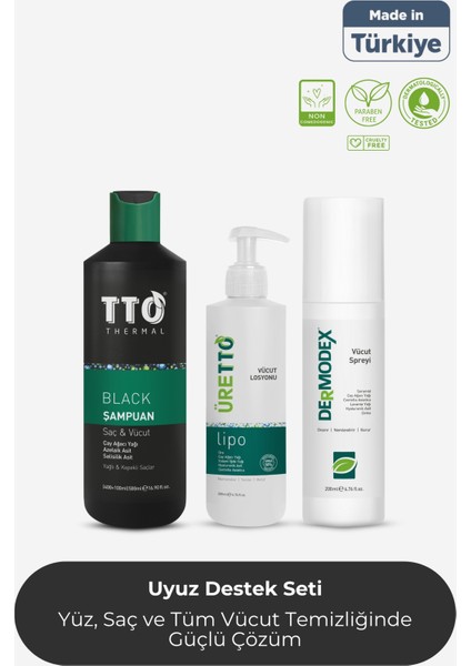 Uyuz Destek Paketi (Black Şampuan, Üretto Lipo Vücut Losyonu, Dermodex Vücut Spreyi)