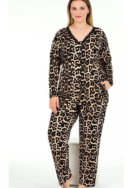 Leopar Desenli Yumuşacık Pijama Uzun Kollu Üst Düğmeli Büyük Beden Viskon Kumaş Pijama Takımı 11372
