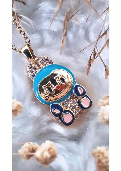 Renkli Mineli Zirkon Taşlı Labubu Çelik Kolye