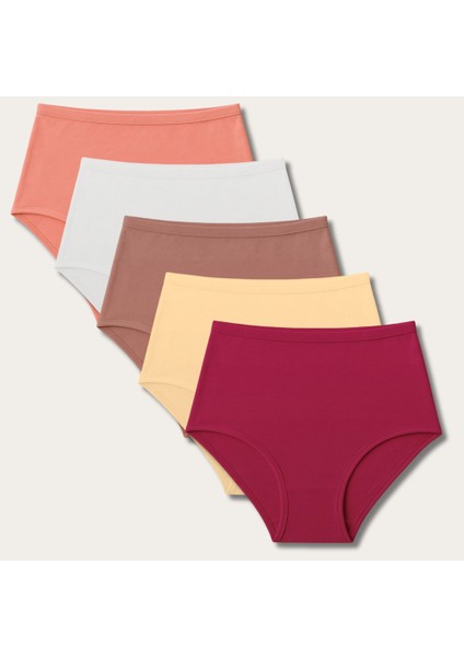 Kadın Külot, Kadın Pamuklu Yüksek Bel Soft Pastel 5`li Paket (Somon,beyaz,vizon,ten,bordo)