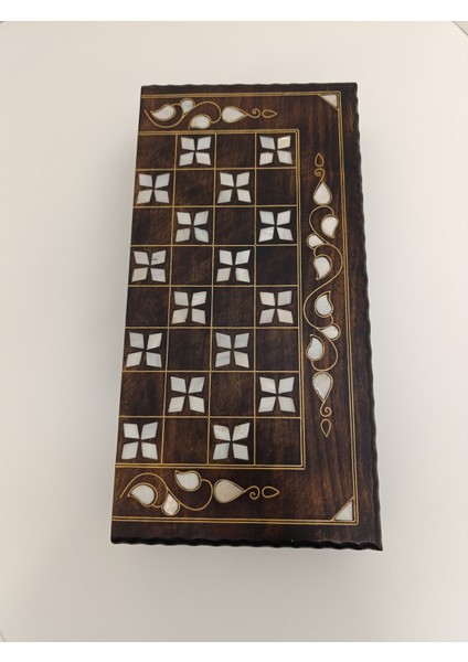 Sedef Kakma Telkari Işlemeli El Işçiliği Orta Boy Ahşap Tavla - Koyu Renk (20X40 Cm)
