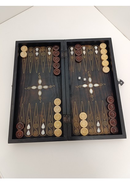 Sedef Kakma Telkari Işlemeli El Işçiliği Orta Boy Ahşap Tavla - Koyu Renk (20X40 Cm) indirimleri