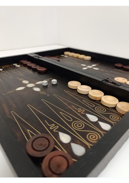 Sedef Kakma Telkari Işlemeli El Işçiliği Orta Boy Ahşap Tavla - Koyu Renk (20X40 Cm)