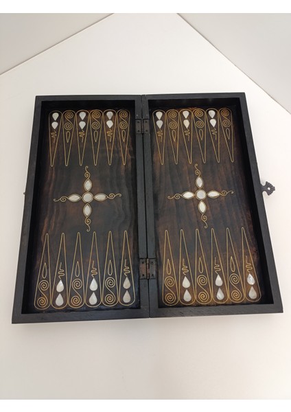 Sedef Kakma Telkari Işlemeli El Işçiliği Orta Boy Ahşap Tavla - Koyu Renk (20X40 Cm)