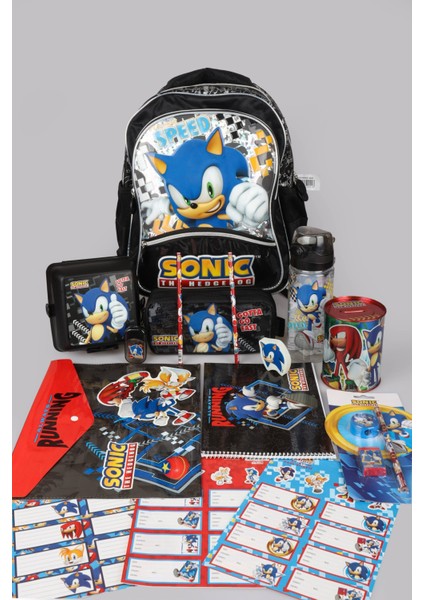 Dekomus Ile Lisanslı Sonıc Büyük Boy Okul ve Kalem Çantası Ile Matara,beslenme Kabı Kırtasiye Seti