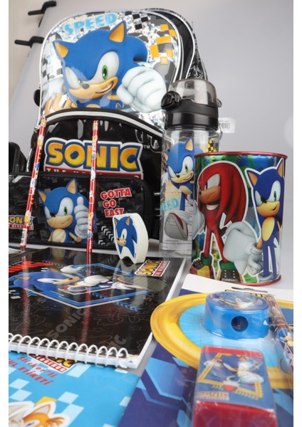 Dekomus Ile Lisanslı Sonıc Büyük Boy Okul ve Kalem Çantası Ile Matara,beslenme Kabı Kırtasiye Seti