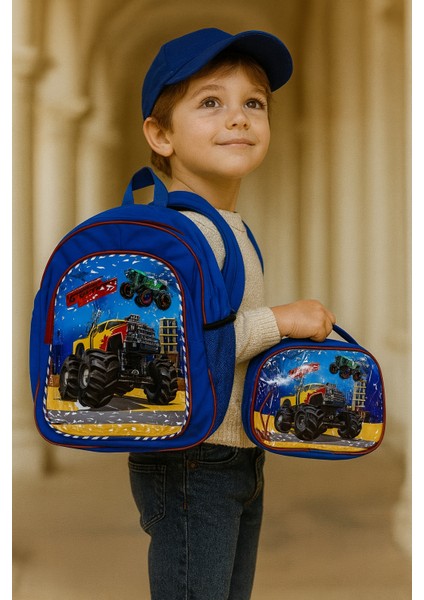 Monster Truck Desenli Erkek Çocuk Okul Çantası ve Beslenme Çantası Takım